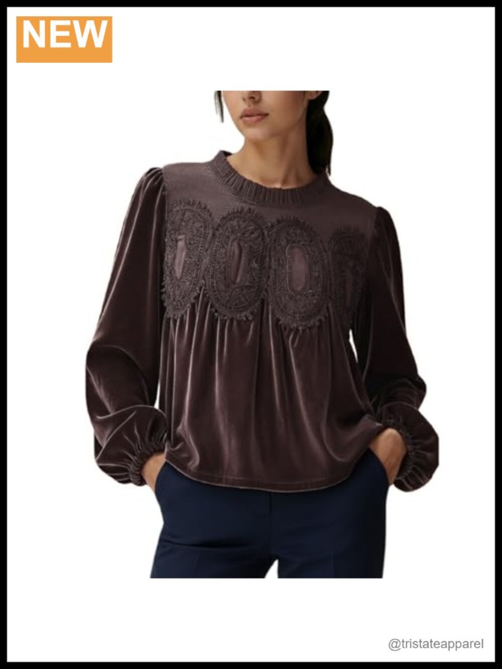 Velvet Lace Mesh Blouse Women Long Sleeve Elegant Crew Neck Top
